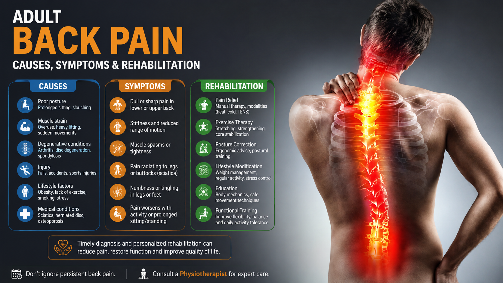 Adult Back Pain: Causes, Symptoms, Physiotherapy & Rehabilitation